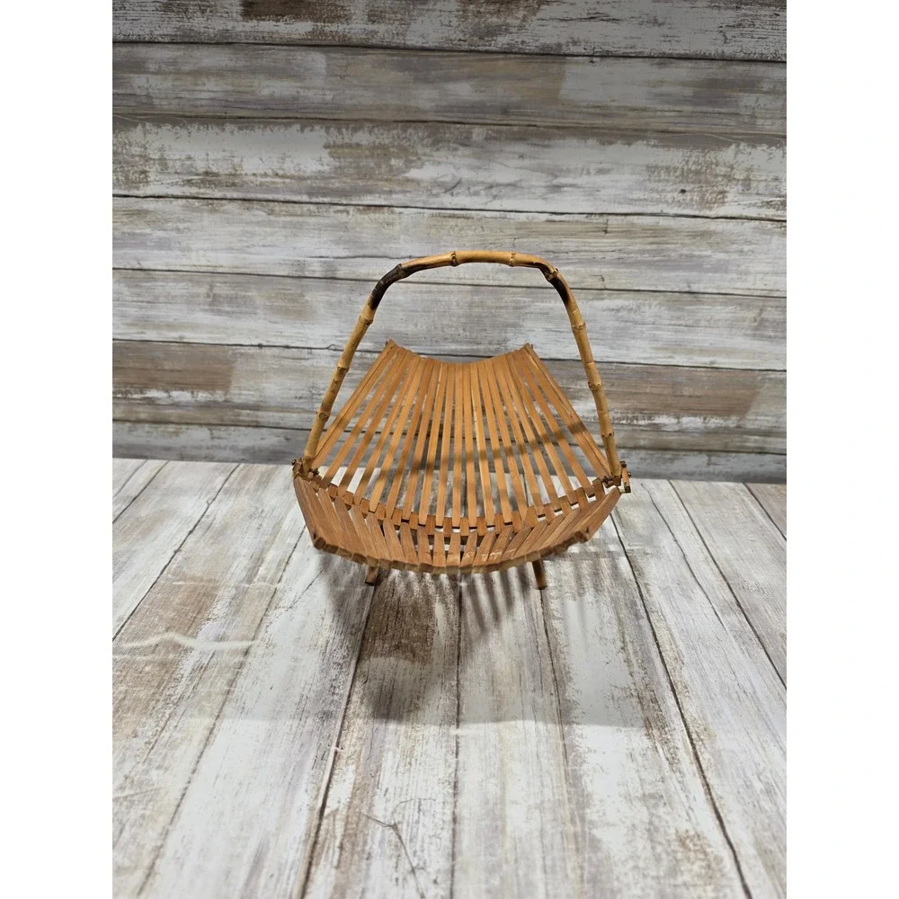 Vintage Bamboo Slat Collapsible Fruit Basket Wood Handle Accordion Bowl Brown